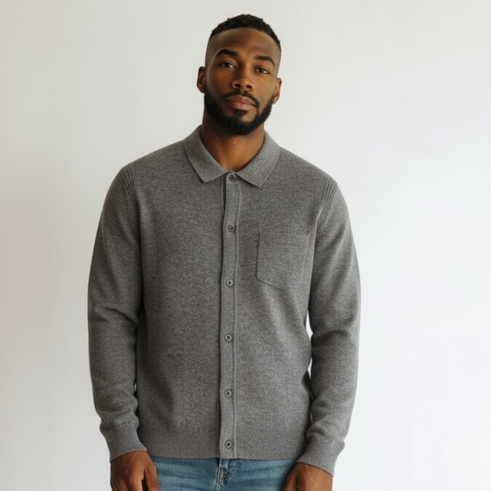 QUINCE MONGOLIAN CASHMERE POLO CARDIGAN Size L Heather Grey Quiet Luxury Preppy
